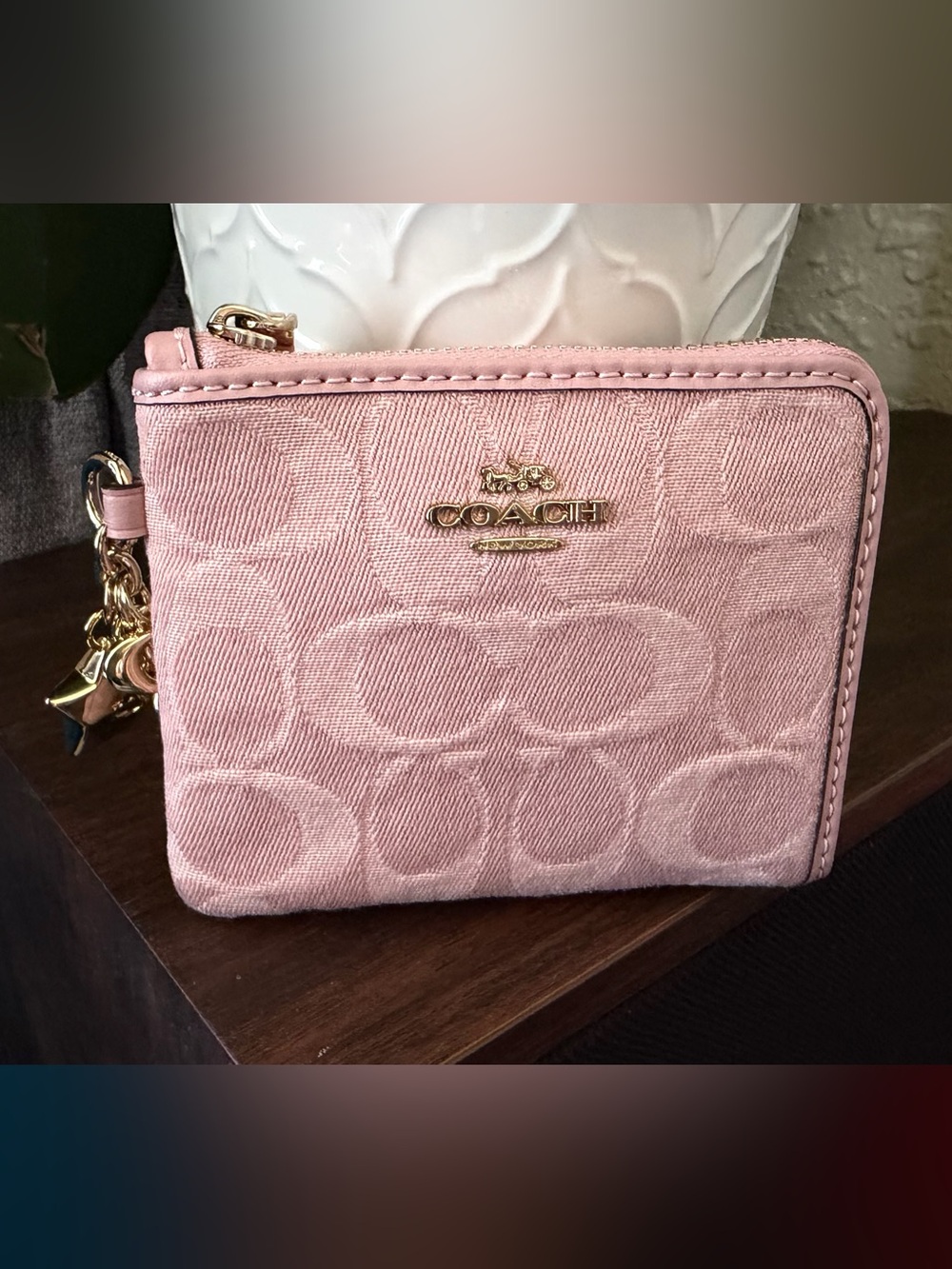 Coach Pink Signature Zip Around Wallet with Charm